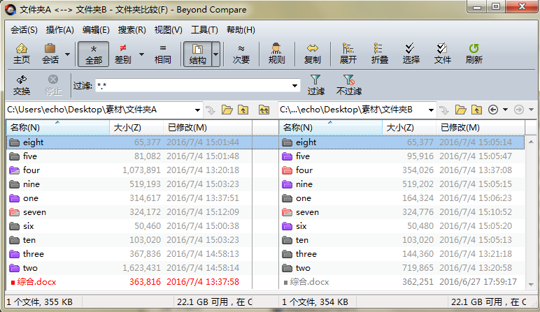 Beyond Compare文件夹比较会话操作界面