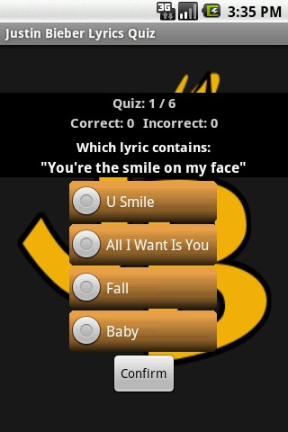 贾斯汀比伯的歌词测验游戏截图